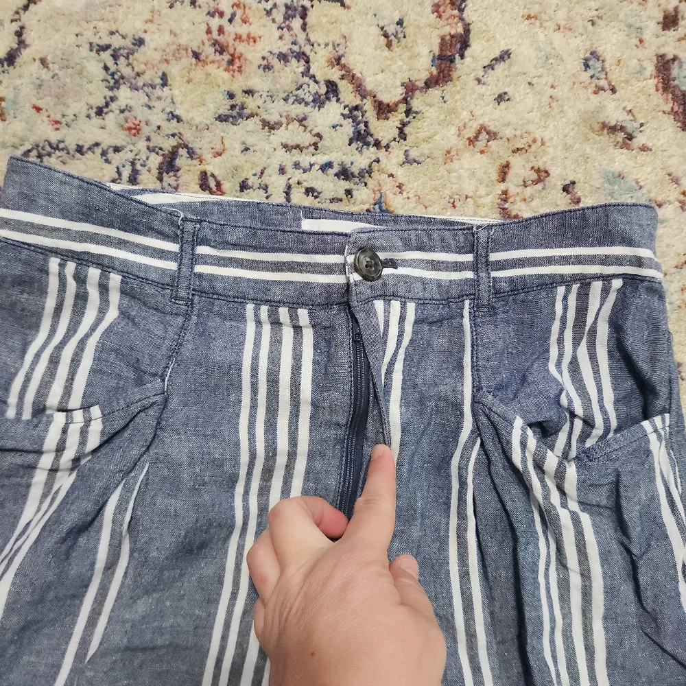 By Anthropologie Cotton & Linen Striped Wide Leg Side Slit Belted Pants Size 6 - Picture 6 of 13